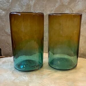 Unique Amber and Teal Glasses, close to pint sized. Can be vases too!